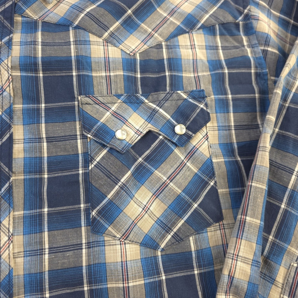 Wrangler Pearl Snap Shirt 3XLB Blue Plaid Long Sleeve Pockets Lightweight Cowboy - Picture 2 of 7
